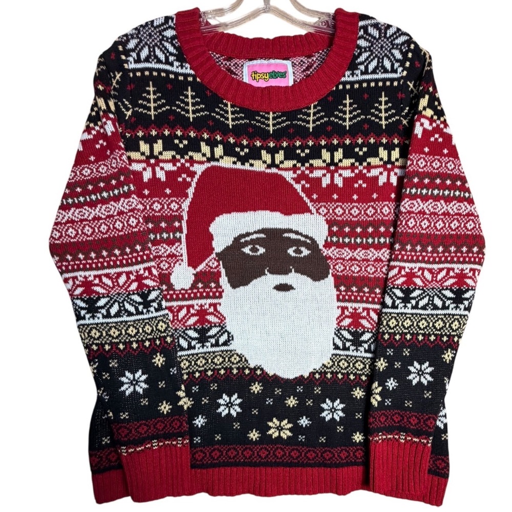 Tipsy Elves Black Santa Ugly Christmas Sweater M Fair Isle‎ Knit Holiday Party